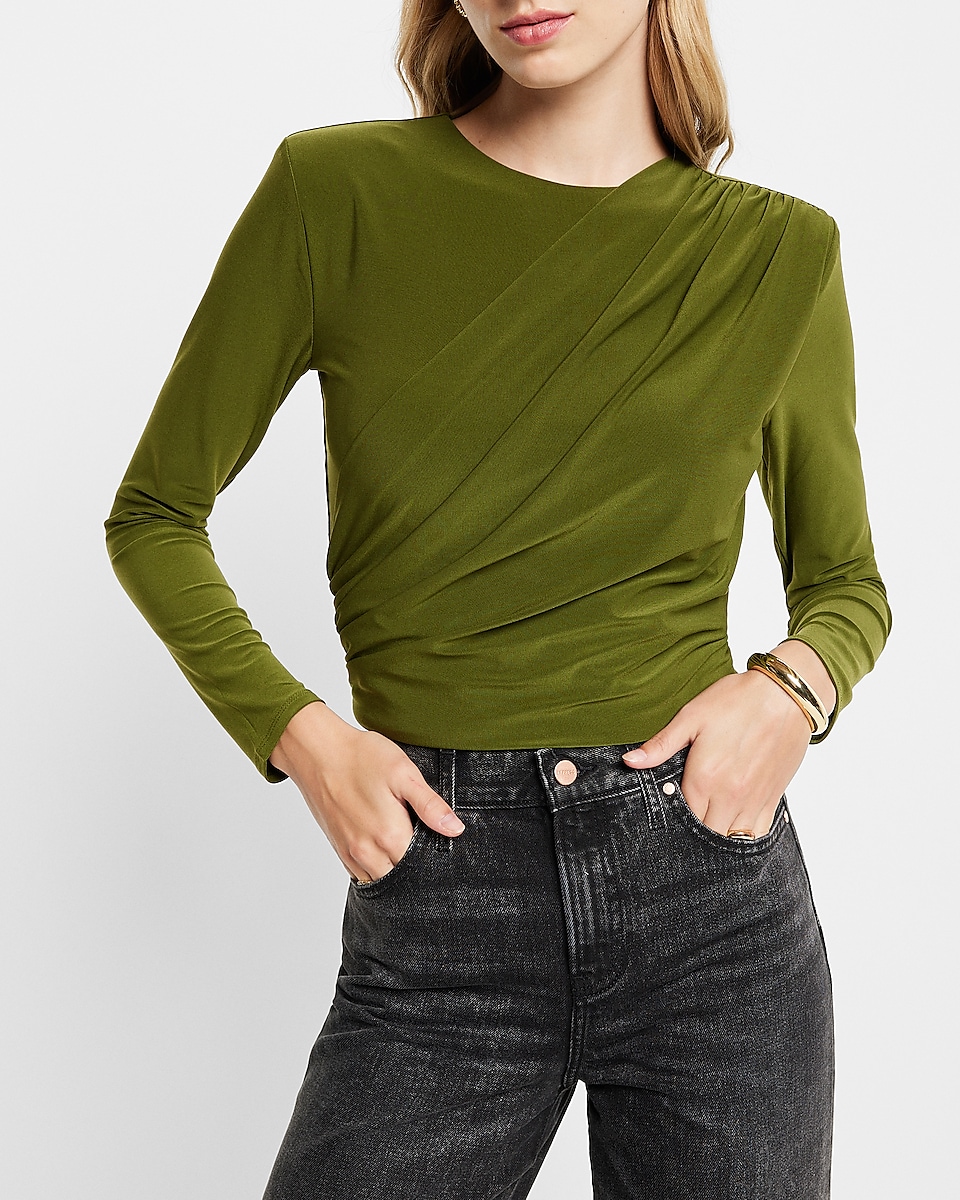 Matte Crew Neck Long Sleeve Draped Cropped Top