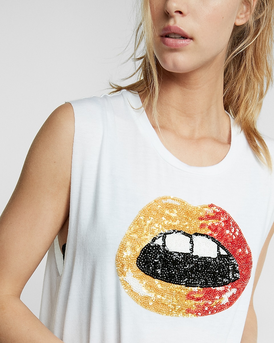 Ombre Sequin Lip Graphic Muscle Tank | Express