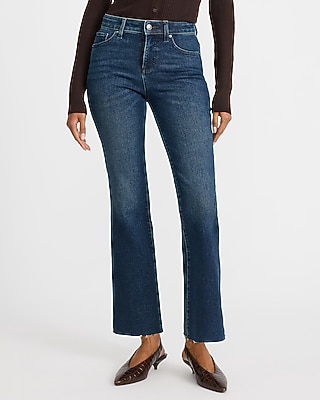 Mid Rise Bootcut Ankle Raw Hem Dark Wash Jeans in Hyper Stretch