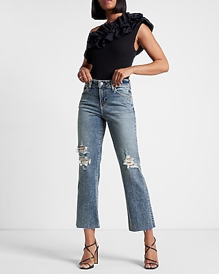 Mid Rise Medium Wash Ripped 90s Ankle Boot Jeans