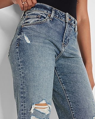 Mid Rise Medium Wash Ripped 90s Ankle Boot Jeans