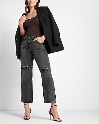 Mid Rise Black Ripped 90s Ankle Boot Jeans