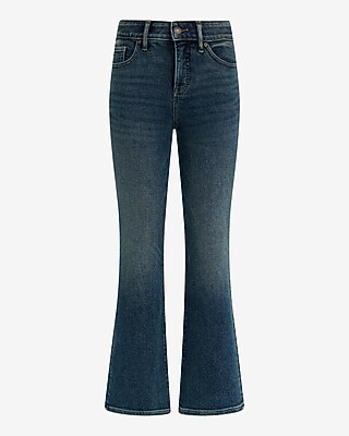 Mid Rise Bootcut Ankle Raw Hem Dark Wash Jeans Hyper Stretch