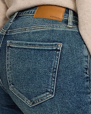 Mid Rise Bootcut Ankle Raw Hem Dark Wash Jeans Hyper Stretch