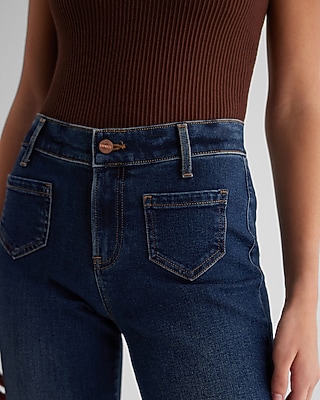 Mid Rise Dark Wash Patch Pocket Bootcut Jeans