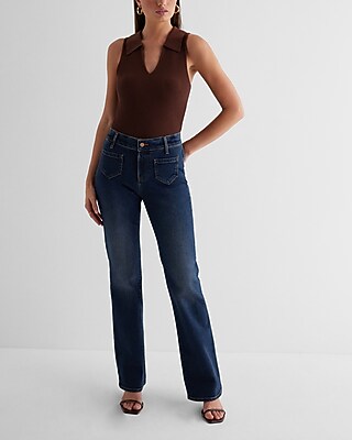 Mid Rise Dark Wash Patch Pocket Bootcut Jeans