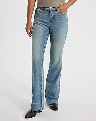 Mid Rise Light Wash Raw Hem Bootcut Jeans