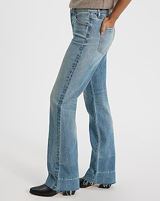 Mid Rise Light Wash Raw Hem Bootcut Jeans