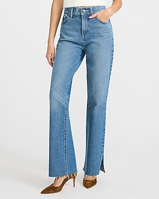 High Waisted Medium Wash Vent Raw Hem '90s Bootcut Jeans