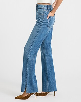 High Waisted Medium Wash Vent Raw Hem '90s Bootcut Jeans