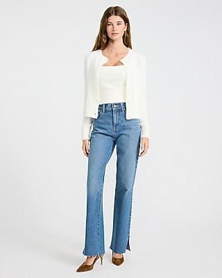 High Waisted Medium Wash Vent Raw Hem '90s Bootcut Jeans