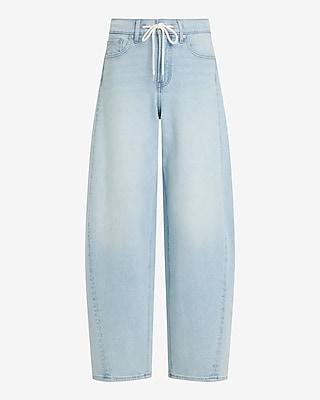 High Waisted Drawstring Barrel Light Wash Jeans