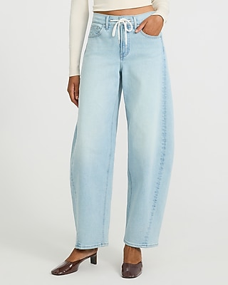 High Waisted Drawstring Barrel Light Wash Jeans