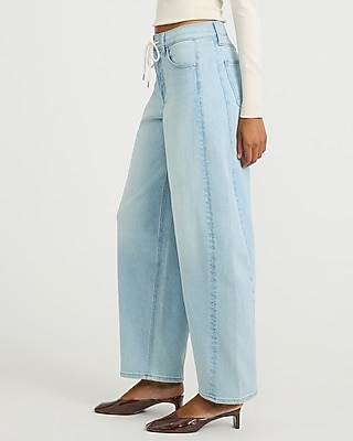 High Waisted Drawstring Barrel Light Wash Jeans