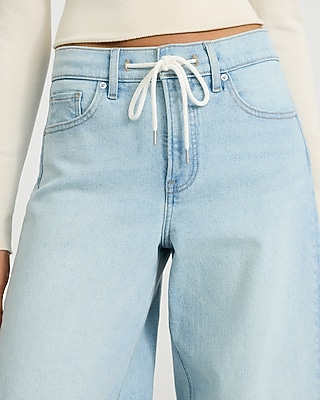 High Waisted Drawstring Barrel Light Wash Jeans