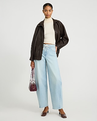 High Waisted Drawstring Barrel Light Wash Jeans