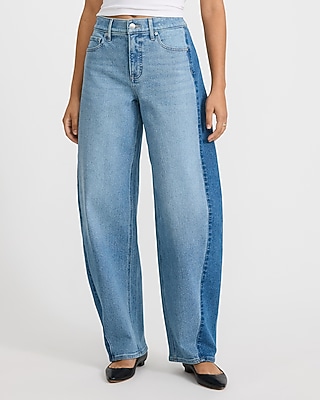 High Waisted Contrast Panel Barrel Medium Wash Jeans