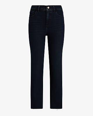 High Waisted Dark Wash Raw Hem Ankle Straight Jeans