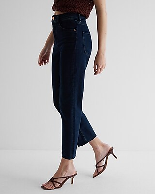High Waisted Dark Wash Raw Hem Ankle Straight Jeans