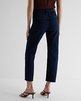 High Waisted Dark Wash Raw Hem Ankle Straight Jeans
