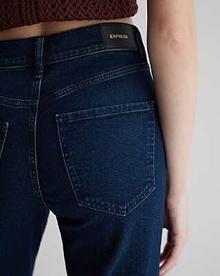 High Waisted Dark Wash Raw Hem Ankle Straight Jeans