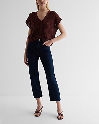 High Waisted Dark Wash Raw Hem Ankle Straight Jeans