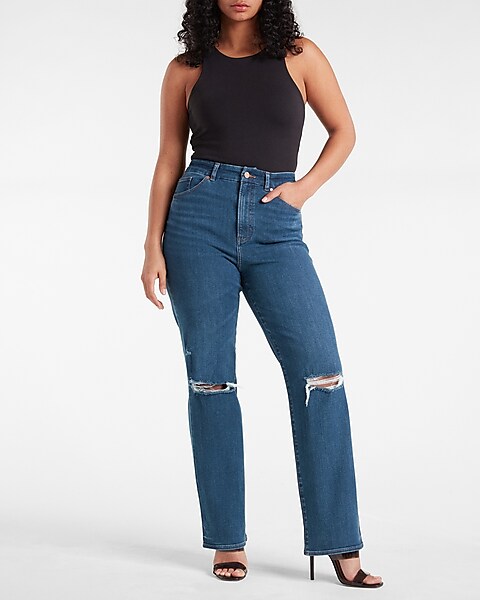 Super High Waisted Dark Wash Ripped Modern Straight Jeans | Express