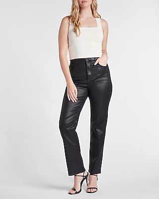 Super High Waisted Black Coated Modern Straight Jeans