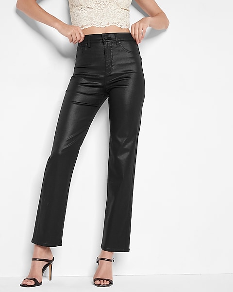 Super High Waisted Black Coated Modern Straight Jeans