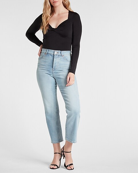 High Waisted Light Wash Relaxed Straight Ankle Jeans