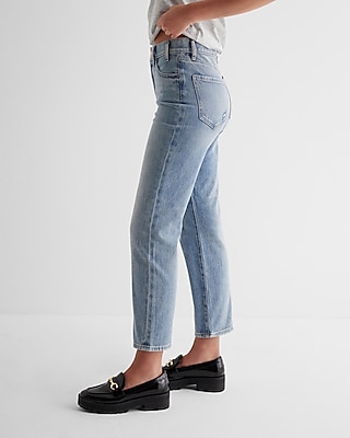 High Waisted Light Wash Ripped Straight Ankle Jeans