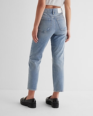 High Waisted Light Wash Ripped Straight Ankle Jeans