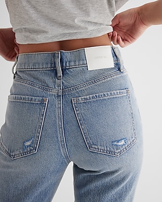 High Waisted Light Wash Ripped Straight Ankle Jeans