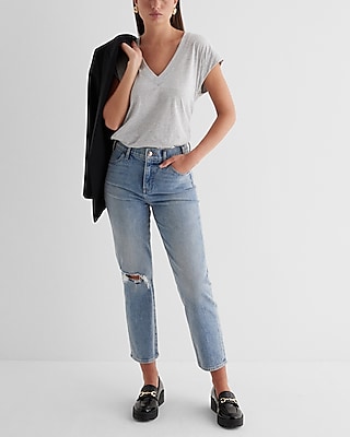 High Waisted Light Wash Ripped Straight Ankle Jeans