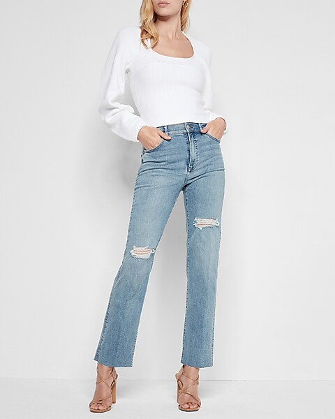 Super High Waisted Light Wash Ripped Modern Straight Jeans