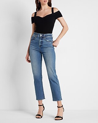High Waisted Medium Wash Straight Ankle Jeans