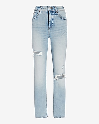 High Waisted Light Wash Ripped Straight Ankle Jeans