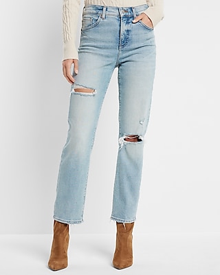 High Waisted Light Wash Ripped Straight Ankle Jeans