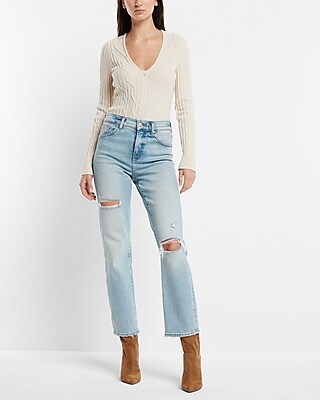 High Waisted Light Wash Ripped Straight Ankle Jeans