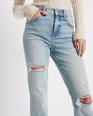 High Waisted Light Wash Ripped Straight Ankle Jeans