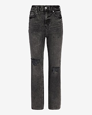 High Waisted Black Ripped Straight Ankle Jeans