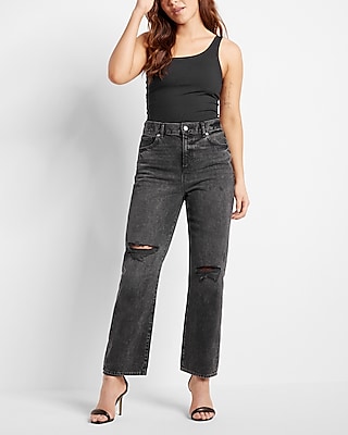High Waisted Black Ripped Straight Ankle Jeans