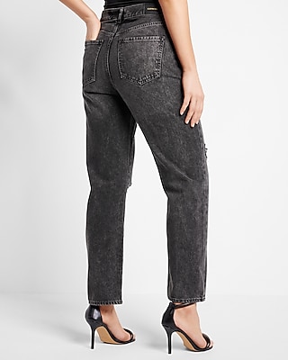 High Waisted Black Ripped Straight Ankle Jeans
