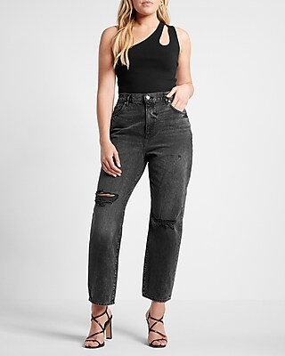 High Waisted Black Ripped Straight Ankle Jeans