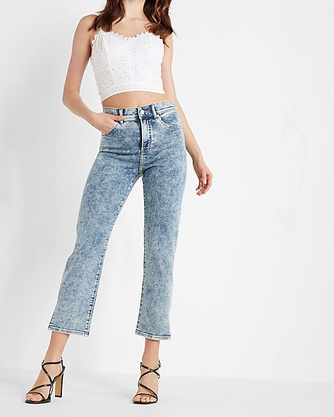 High Waisted Acid Wash Straight Ankle Jeans