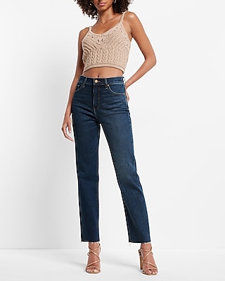 Express High Waisted Dark Wash Raw Hem Straight Jeans