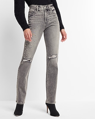 High Waisted Ripped Pearl Embellishment Modern Straight Jeans