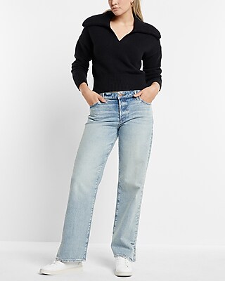 Low Rise Light Wash Split Hem Baggy Straight Jeans