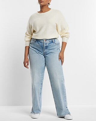 Low Rise Light Wash Split Hem Baggy Straight Jeans