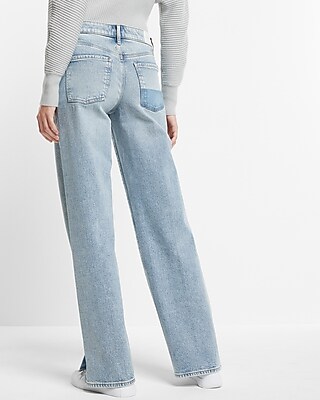 Low Rise Light Wash Split Hem Baggy Straight Jeans